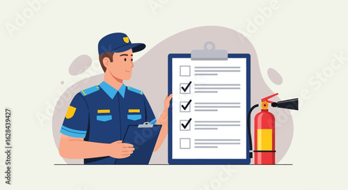 Professional inspector in uniform checking a safety compliance list with a fire extinguisher.