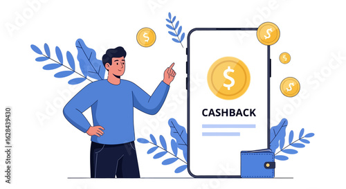 Cashback rewards program concept. A man earns money back through a mobile application on his smartphone. Vector illustration.