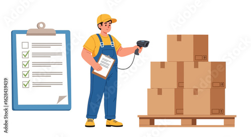 A warehouse worker with a scanner manages inventory and logistics. An employee scans barcodes on boxes stacked on a pallet.