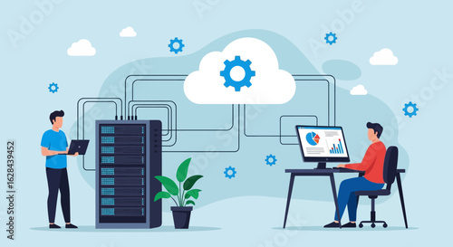 IT specialists managing cloud computing infrastructure and data center server network. Vector illustration concept.