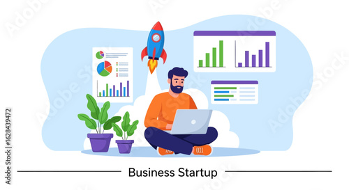 A young entrepreneur launches a new business startup, working on a laptop with data charts and a rocket symbolizing growth and success.