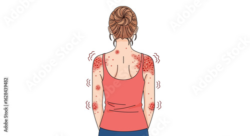 Rear view of a woman with an itchy skin rash on her back and arms. Medical illustration of psoriasis or atopic dermatitis.