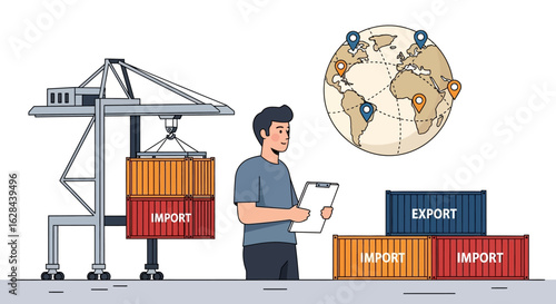 Global logistics management concept showing an inspector overseeing import and export container cargo at a shipping terminal.
