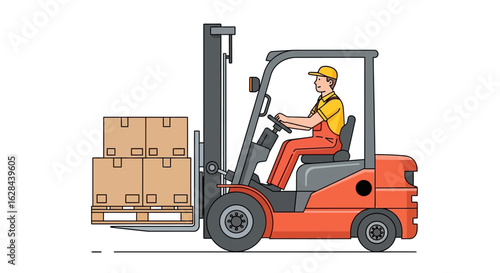 Forklift operator transporting cargo boxes in a warehouse. Vector illustration for logistics, distribution, and industrial work.