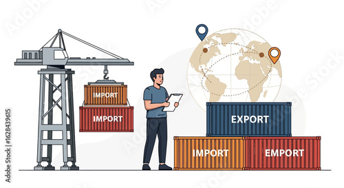Logistics concept with a manager supervising import and export shipping containers for global supply chain operations
