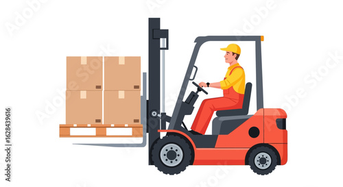 Warehouse worker driving a forklift truck with a pallet of goods for delivery. Logistics and storage services concept vector illustration.