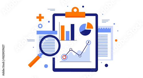 Business data analysis and financial report on a clipboard with charts. Vector concept for market research, statistics, and auditing.