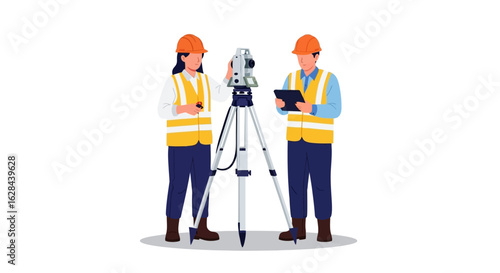 Surveyor engineers working with a theodolite and tablet. A professional team measuring land for a construction project.