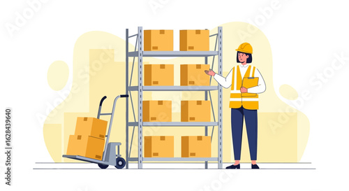 Warehouse management and logistics concept. A female worker organizes cardboard boxes on storage racks. Supply chain inventory control illustration.