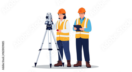 A team of male and female surveyors using theodolite equipment for land measurement. Vector illustration of construction engineers at work.