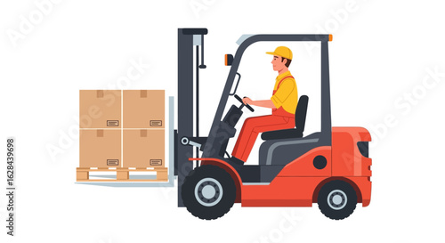 Warehouse worker driving a forklift truck and lifting a pallet with cardboard boxes. Industrial logistics and freight transportation concept.