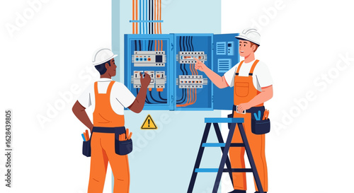 Two professional electricians in safety gear collaborating on electrical panel maintenance and repair.