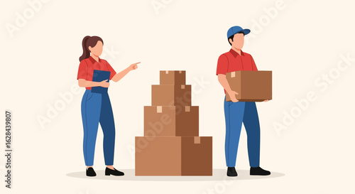 Logistics team at work. A male courier carries a cardboard box while a female supervisor with a clipboard manages inventory.
