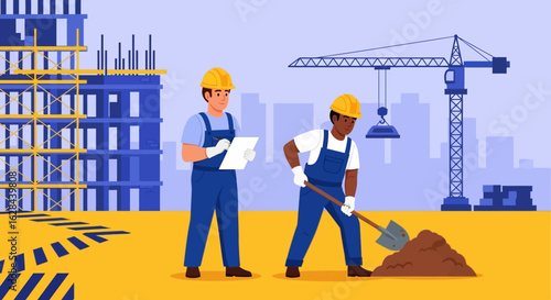 Diverse team of construction workers on a building site. A foreman with a clipboard supervising a laborer digging with a shovel.