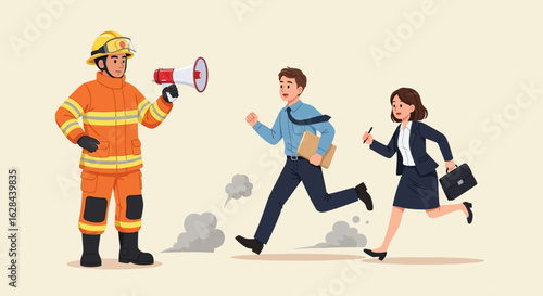 Firefighter with megaphone directing business people during an emergency evacuation drill. Vector illustration.