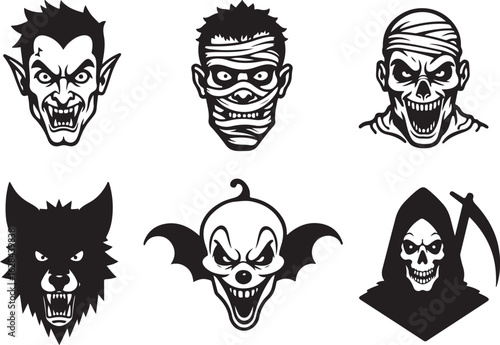 Spooky Monsters and Grim Reaper Icons for Halloween