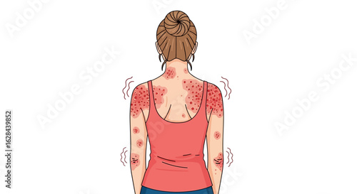 Back view of a woman with a severe skin allergy. Illustration of hives, dermatitis, or psoriasis causing an itchy red rash on the body.