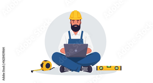 Male builder in a yellow hard hat and overalls working on a laptop. Construction engineer or foreman concept.