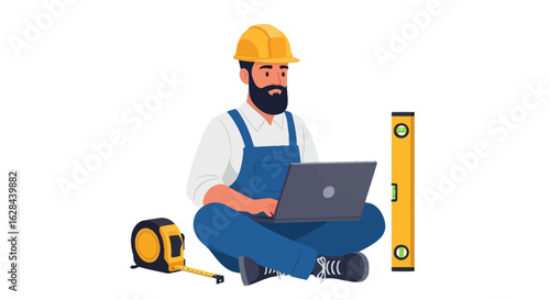 Construction worker with a laptop for project management. A bearded builder in a hard hat and overalls with professional tools. Vector illustration.