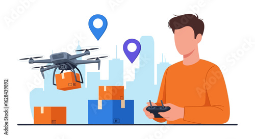 Futuristic logistics and e-commerce with an autonomous drone delivery service. An operator controls a quadcopter carrying a parcel over a city.