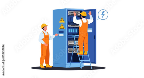 Electricians performing maintenance on an electrical panel. Two technicians in uniform and hard hats working with a server rack cabinet.