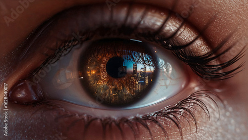 Macro View of a Human Eye Reflecting a Bright Cityscape at Dusk iris pupil
