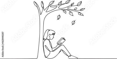 Continuous one line drawing of a girl reading a book under a tree with falling leaves, symbolizing peace, learning, and autumn calmness


