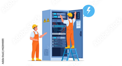 Two professional electricians performing maintenance on an industrial power supply cabinet and server rack