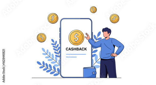 Cashback program concept illustration. Man getting money back from online purchases using a smartphone application.