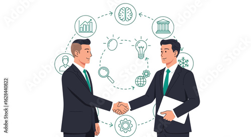 Business partnership concept with two businessmen shaking hands and a cycle of process icons for continuous collaboration and strategic workflow.