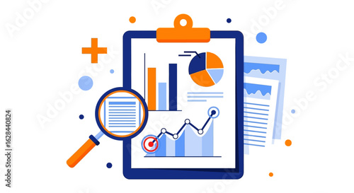 Business analytics and financial reporting concept. Clipboard with statistical charts and a magnifying glass for data auditing and research.