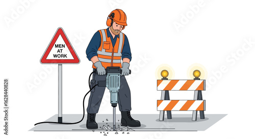 A construction worker with a jackhammer performs roadwork, surrounded by a warning sign and safety barrier.