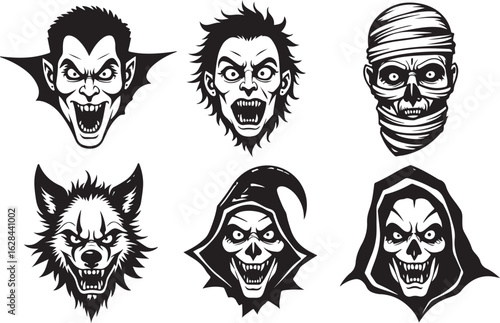 Scary monster faces set for Halloween or horror themes