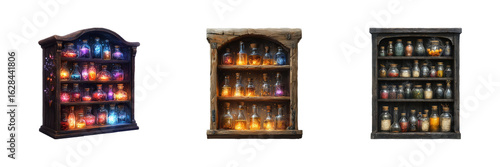 Antique Potion Cabinets With Glowing Bottles. Magical Elixirs And Alchemy Display Isolated On Transparent Background