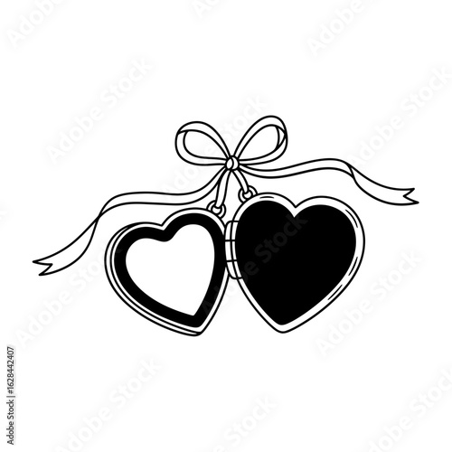 Two heart shaped locket pendants hanging from a ribbon with a tied bow knot
