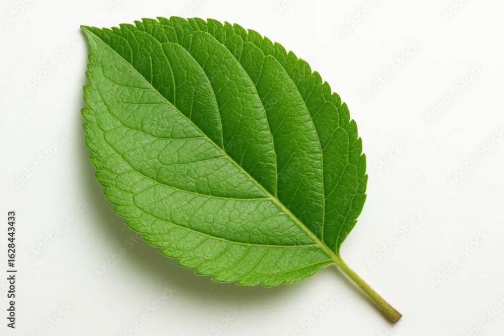 Obraz premium A solitary green leaf rests on a pristine white background, symbolizing nature's simplicity and tranquility