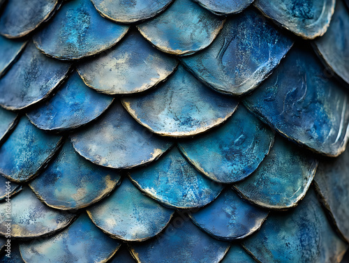 Wallpaper Mural Overlapping textured blue and teal abstract scales with distressed golden and metallic accents Torontodigital.ca