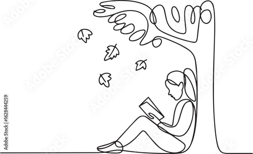 Continuous one line drawing of a girl reading a book under a tree with falling leaves, symbolizing peace, learning, and autumn calmness

