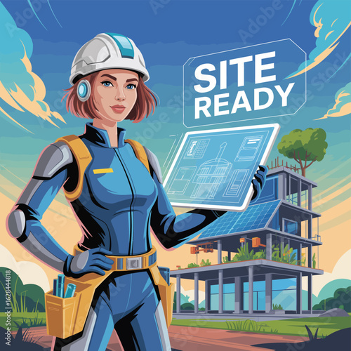 A smiling construction worker in a helmet and a boy on a bicycle enjoy a fun summer adventure outdoors