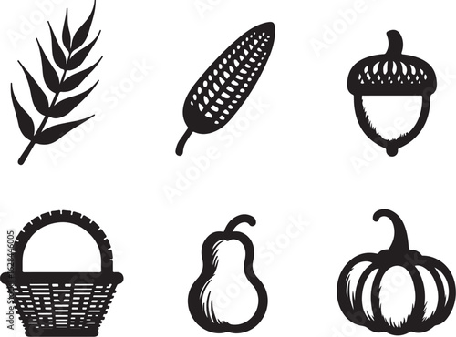 Harvest icons featuring corn, pumpkin, acorn, pear, and basket.