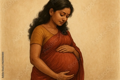 A Woman in Traditional Indian Attire Cradles Her Blooming Belly
