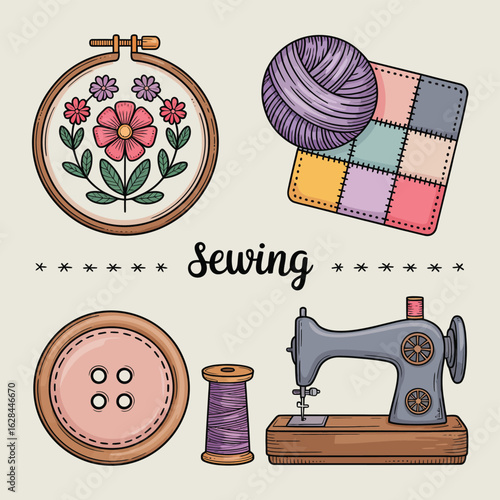 Vintage sewing machine with needle, thread, and other tailor accessories for clothing industry design