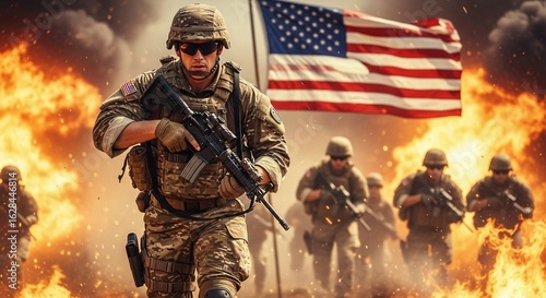 An illustrated military soldier marches with a rifle in a fiery war zone, with other soldiers and a large American flag in the background. Ideal for war and military themes