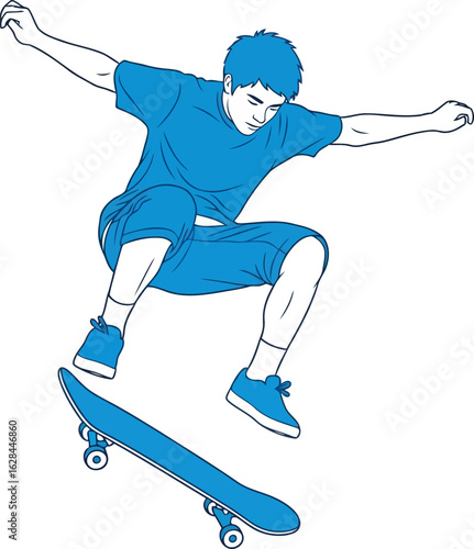 A young man performing a skateboarding trick in midair with his skateboard, isolated on white background