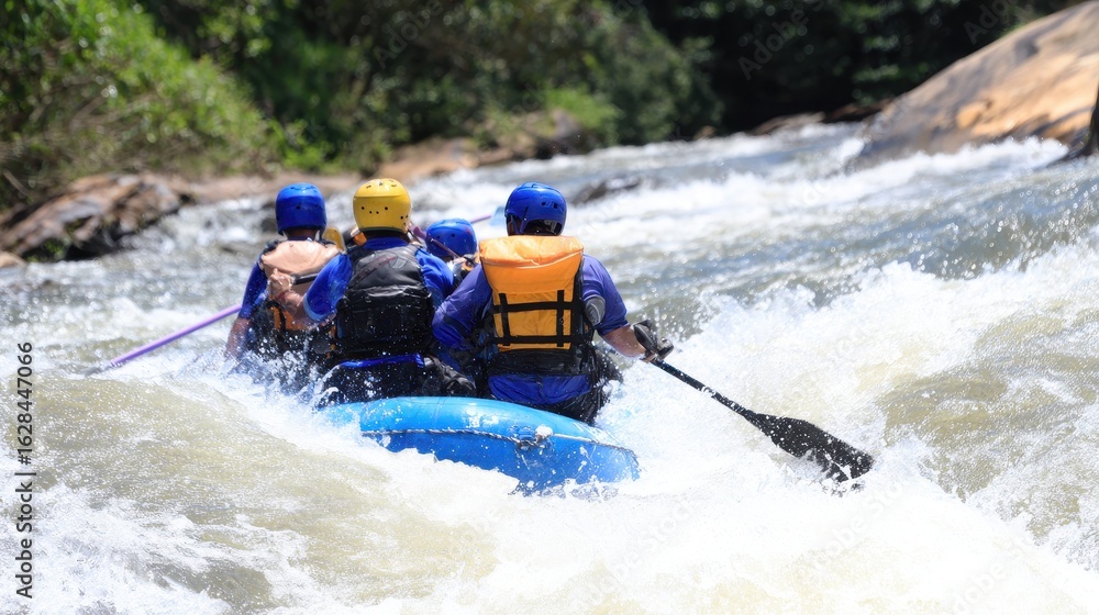 Naklejka premium Thrilling white-water rafting adventure with a group navigating rapids in a lush green landscape