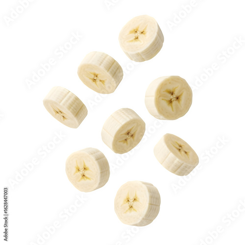 Flying Banana Slices, Isolated on White or Transparent Background