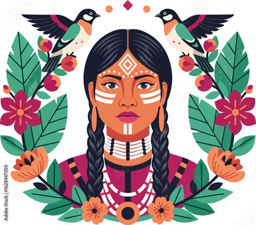 Vibrant indigenous woman with birds and flowers celebrates cultural heritage in nature