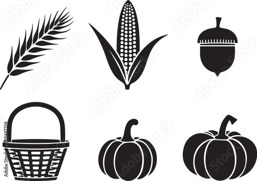 Harvest icons: corn, pumpkins, acorn, wheat, basket