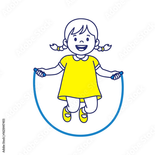 A happy young girl with pigtails joyfully skipping rope, isolated on white background