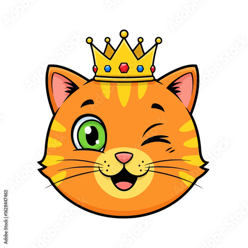 Cute orange striped cat wearing a golden jeweled crown, winking with a happy expression, isolated on white background